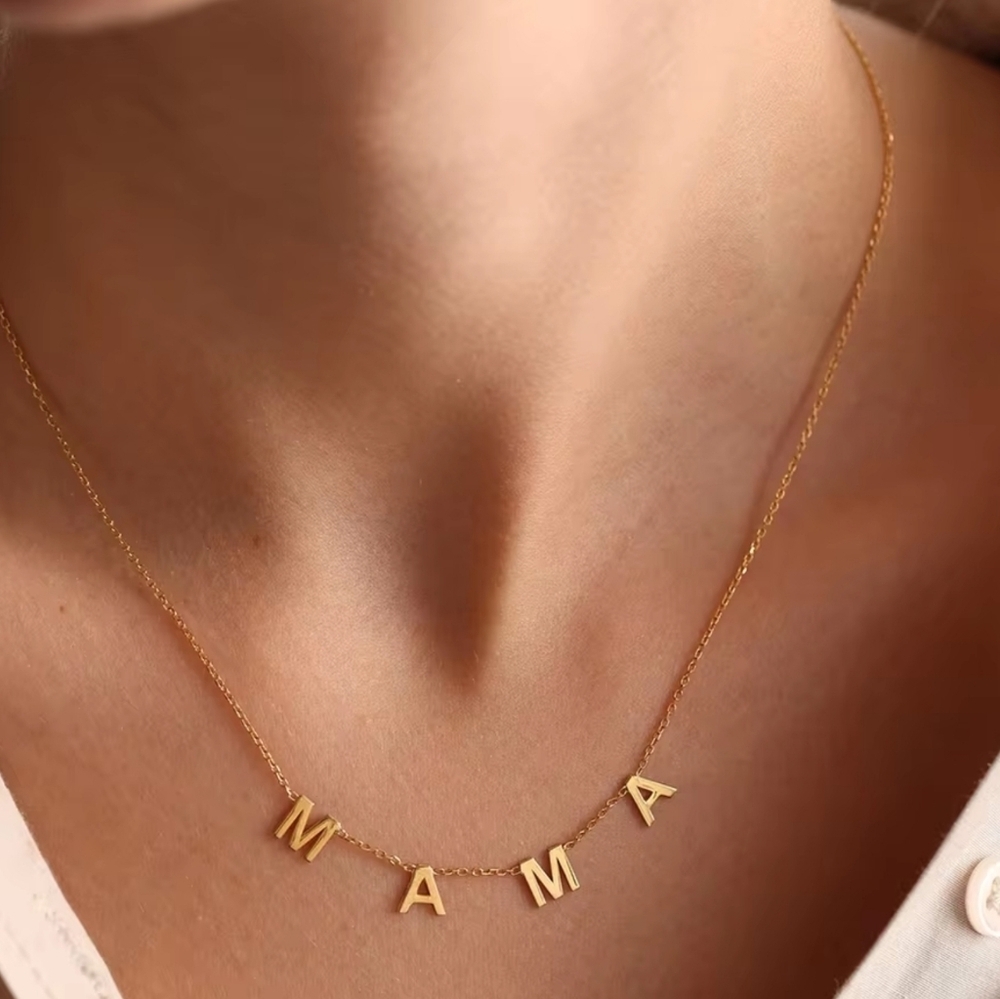 Gold Mama Letter Charm Necklace Stainless Steel Dainty Mother’s Day Jewelry
